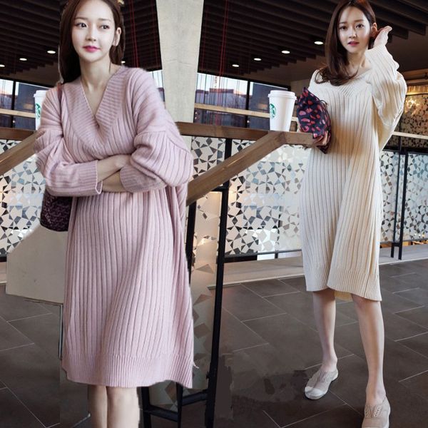 

women's autumn winter korean elegant v-neck loose knitting long sweater stylish girls sweaters x24, White;black