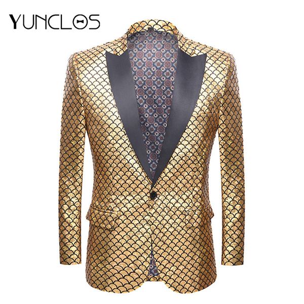 

yunclos 2019 gold blazer men fish-scale pattern two button singer stages blazers jackets wedding-dress party suit jackets blazer, White;black