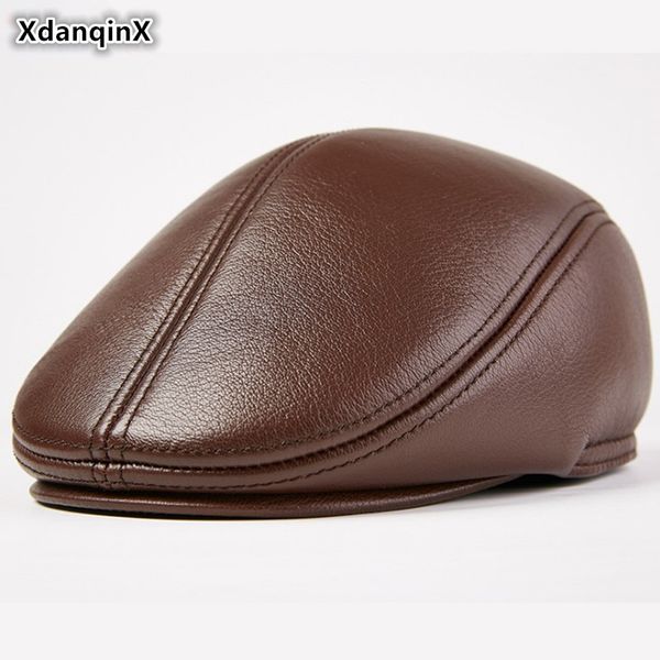 

xdanqinx 2019 new genuine leather hat autumn winter warm thick earmuffs hats men's sheepskin berets multicolor dad's leather cap, Blue;gray