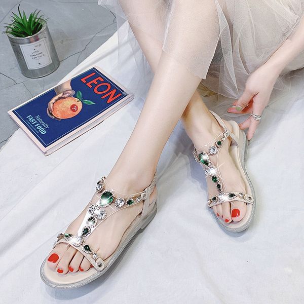 

all-match rhinestone sandals 2020 women's clear heels med suit female beige ladies shoes summer wedge with sale medium, Black