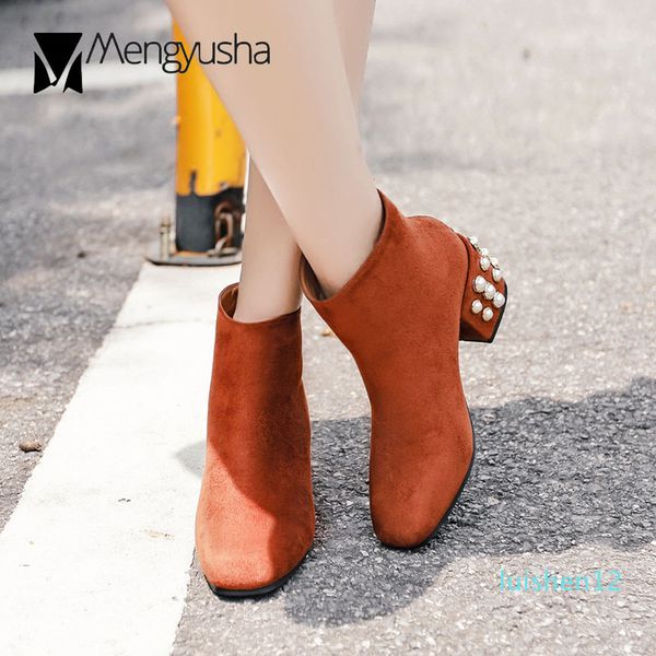 

pearl decoration high heels boots women short design flock winter boots ladies back zip flock ankle shoes rivets botasc l12, Black