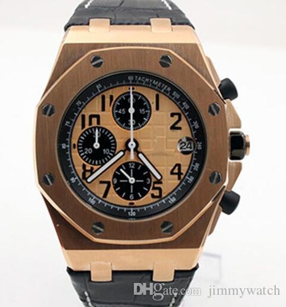 

royal oak offshore quartz chronograph outdoor mens watch watches satch 42mm yellow dial with black leather strap, Slivery;brown