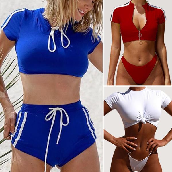 

women's swimwear solid two pieces swimsuit tie up women bikini t-shirt push high waist conservative tankini set bathing suit, White;black