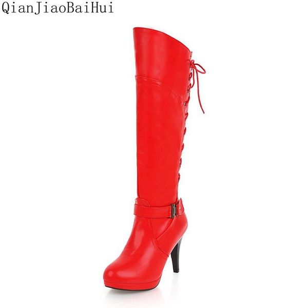 

big size 43 red knee high boots fashion thin high heel lace-up long boots for women spring autumn shoes boot black white