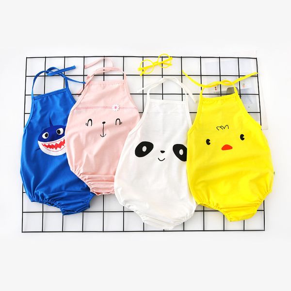 

2019 summer new baby romper cartoon smiling face male and female belly pocket hanging neck, Blue