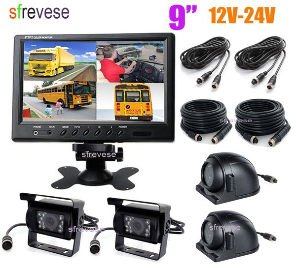 

4x 4pin ir car front side rear view reversing backup parking camera + 9" lcd 1/2/3/4ch quad split monitor for bus truck motohome