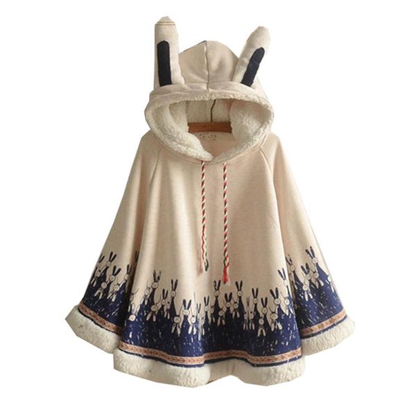 

япония девушки капюшон накидка зима уши кролика плюс бархат проложенного плаща полупальто студента младшего школьного капюшона пончо пальто, Camo