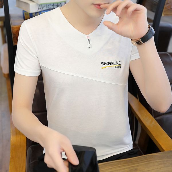 

короткий рукав футболки мужской новая половина рукав мода бренд v-образный вырез одежды мужской одежды тенденция летом, White;black
