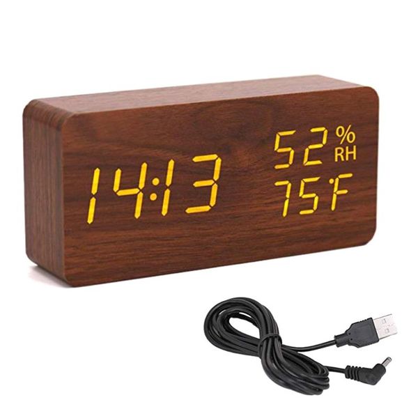 

voice control wood usb digital alarm clock with day/date/temperature humidity e5bb