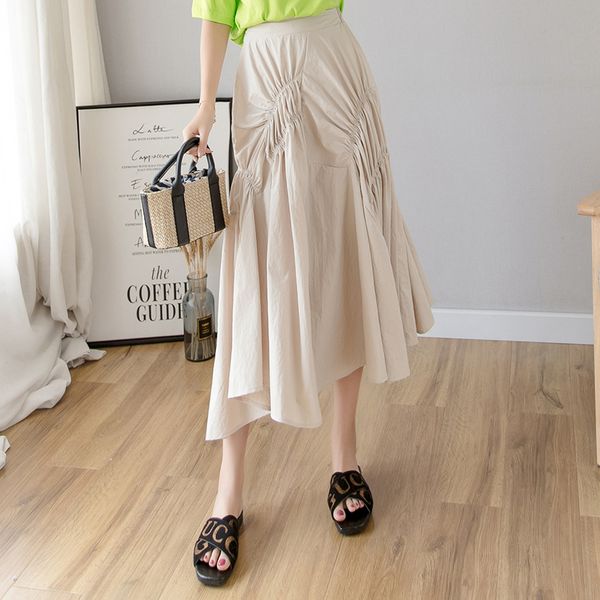 

pleated skirt women solid a-line elastic waist loose long midi skirt korean vintage office lady summer skirts plus size x134, Black