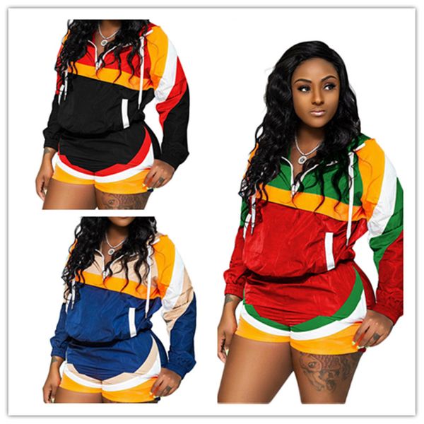 

женщины цвет блок спортивный костюм лето sun-proof одежда с длинным рукавом лоскутная с капюшоном топы + шорты 2 шт. набор повседневная спор, White