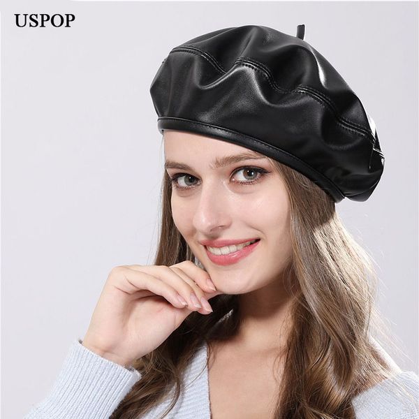 

uspop 2019 autumn new fashion women beret female pu leather beret hat women men casual solid color octagonal hat, Blue;gray