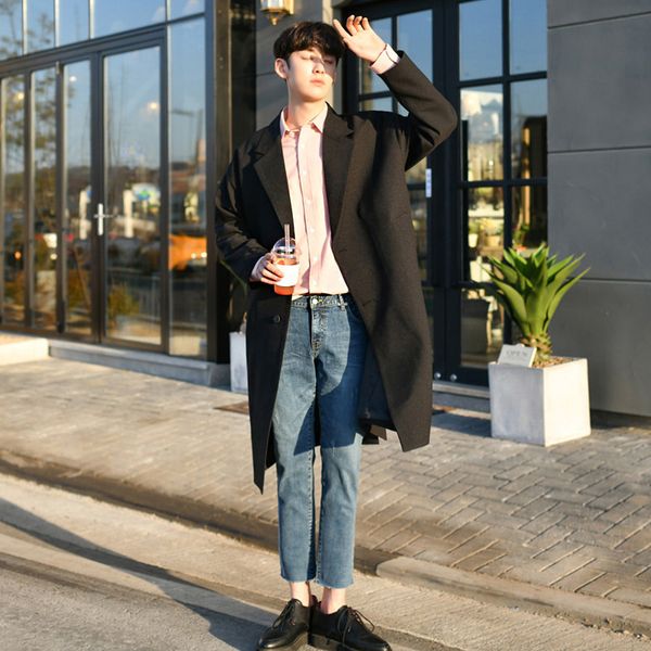 

2019 spring and summer the new listing japanese fashion couple long solid color drop shoulder casual windbreaker coat men, Tan;black