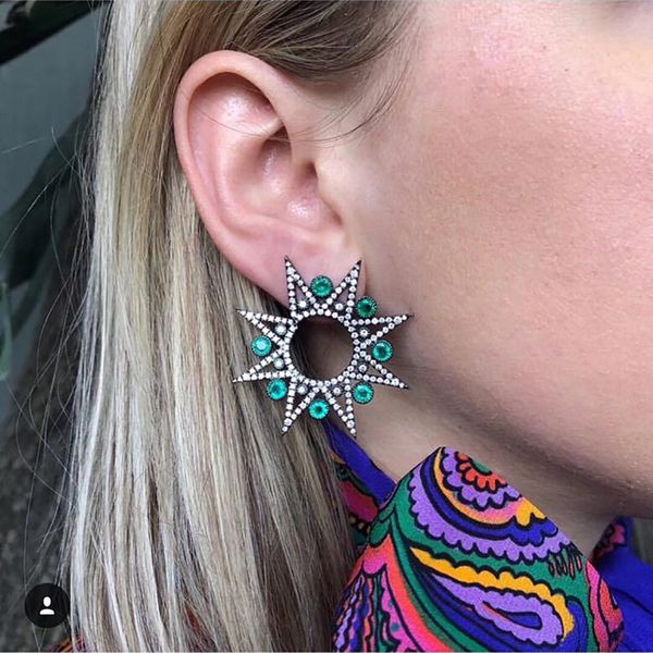 

New trendy fashion luxury designer exaggerated diamond green crystal cute sun geometric stud earrings for women girls