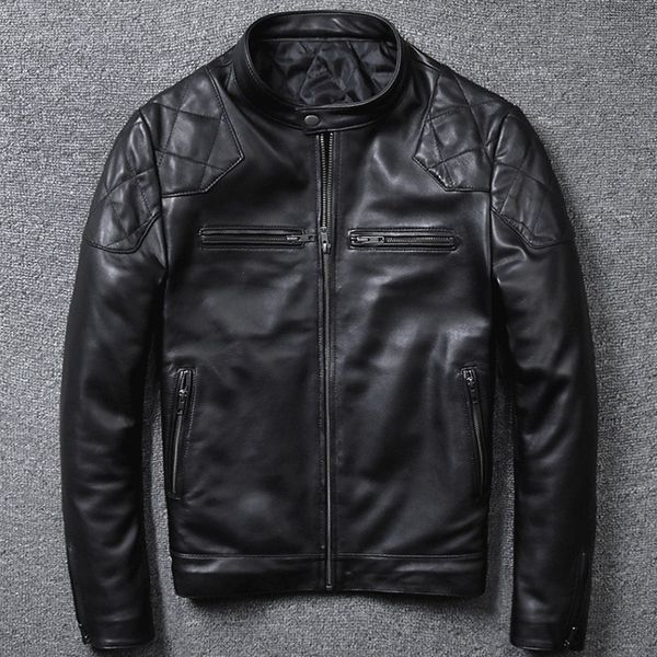 

роскошные высокого качества mens дождевик из натуральной кожи мода твердые короткие biker jacket мужской повседневный карман на молнии пальт, Black