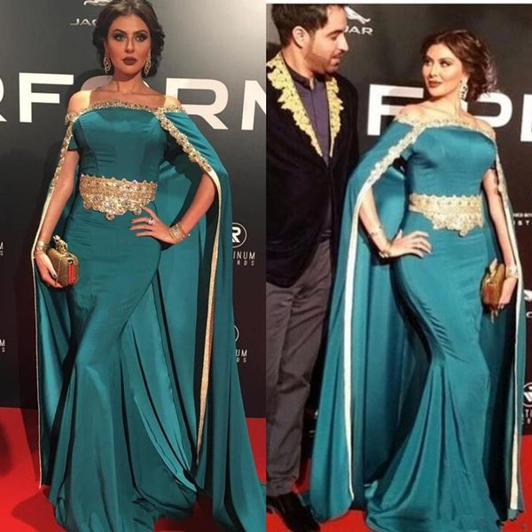 

elegant dubai arabic hunter green pakistani dubai evening dresses with cape crystal off shoulder prom gowns satin robes de soirée femme, Black;red
