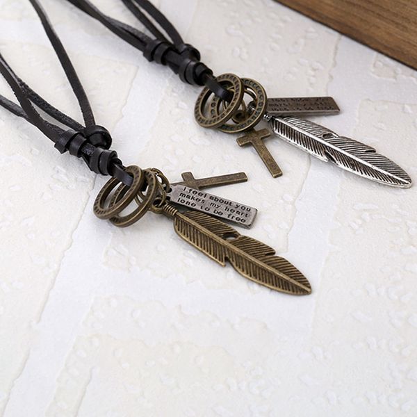 

новые collares ожерелья подвески прохладный рок перья кулон из натуральной кожи длинные цепи ожерелье vintage design мужчины ожерелья, Silver