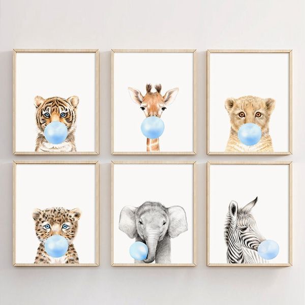 

wild animal blowing bubble gum wall art prints poster , lion zebra elephant giraffe tiger canvas painting kids wall pictures