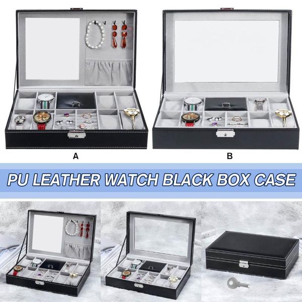 

new 8 grids+3 mixed pu leather watch boxes storage organizer box jewelry ring display watch case black display case box, Black;blue
