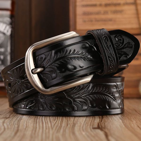 

leather girdle straps women fashion belt classice vintage style pin buckle belts for men cowboys flower, Black;brown