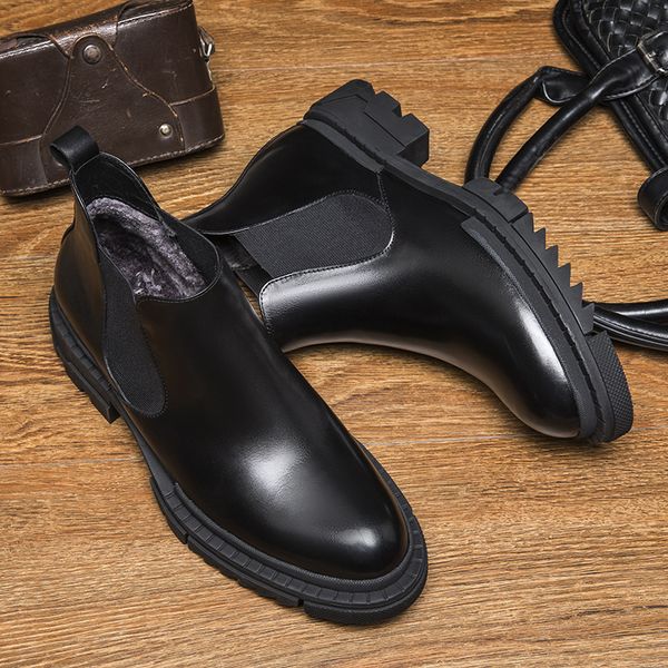 

ankle leather boots round toe thick bottomed high padded winter men shoes work botines hombre thick bottomed genuine leather, Black;brown