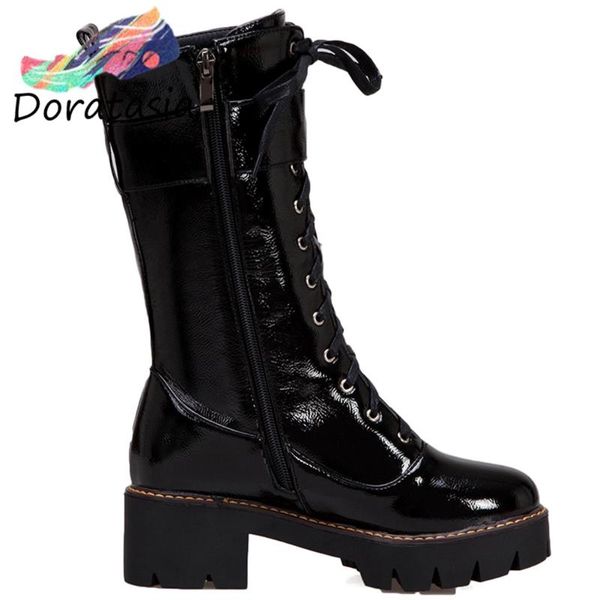 

doratasia cool girl causal chunky heel buckle belt boots platform mid calf boots women 2020 lace up fashion woman shoes, Black