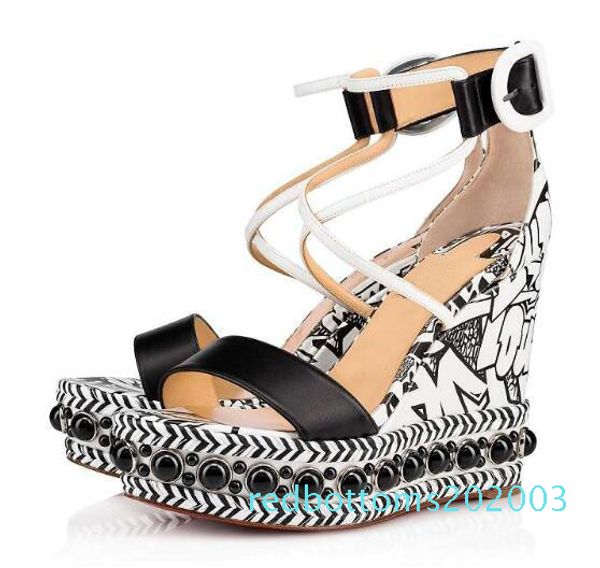 

lady red bottom shoes for wedge pearls studs women ankle strap gladiator sandals party wedding dress r03, Black