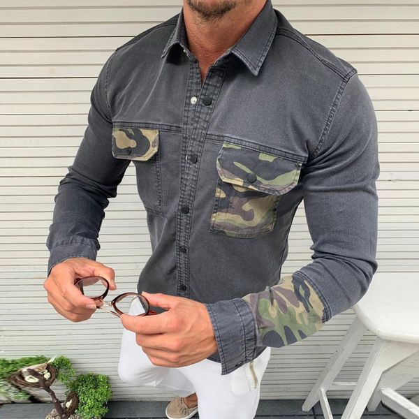 

fashion patchwork men shirt male 2019 brand slim long sleeve mens dress shirts jeans chemise homme pockets denim shirt for men, White;black