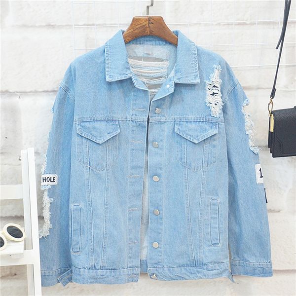 

womens jacket womens coat where is my mind korea washing frayed embroidery letter patch bomber jacket blue ripped distressed denim coats, Black;brown