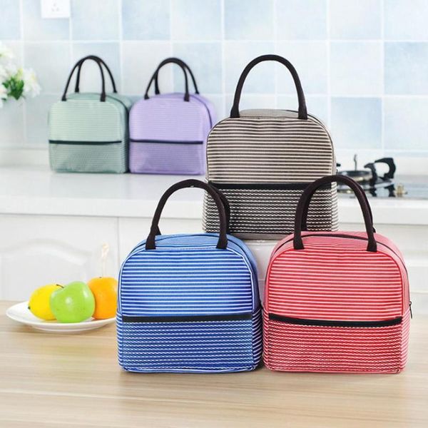 

portable stripe lunch bag thermal canvas container tote handbag lunch bags for picnic outdoor activities travel work, Blue;pink