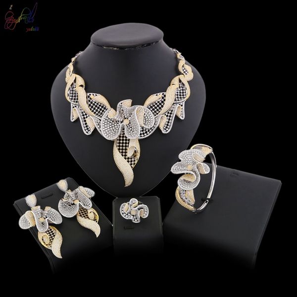 

yulaili elegant gorgeous american brass stone cubic zirconia crystal necklace bracelet earring ring wedding bride jewelry sets wholesale, Black