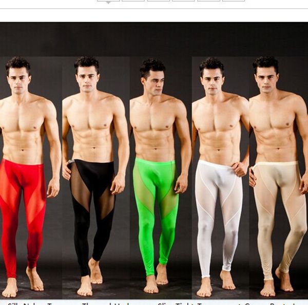 

new men ice silk nylon trousers thermal underwear slim tight transparent gauze pants long johns 5 colors, Black;brown