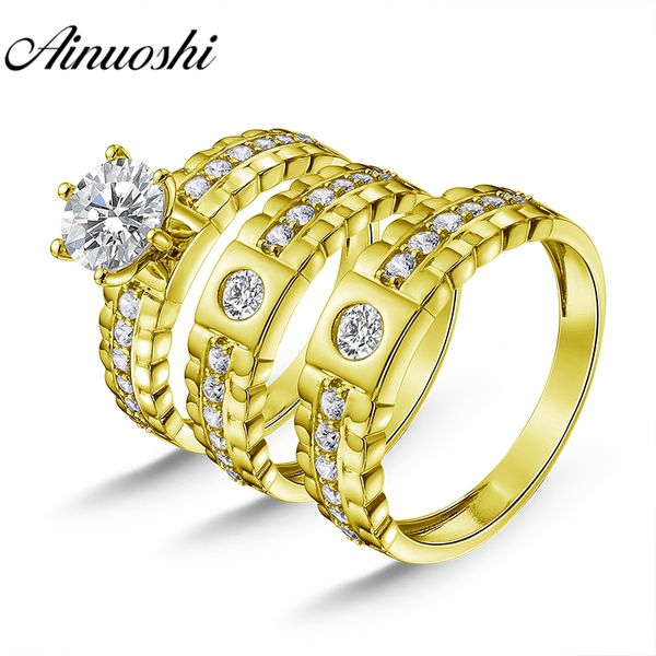 

ainuoshi real gold trio rings 14k yellow gold couple wedding ring set vintage band lover engagement wedding ring jewelry, Golden;silver