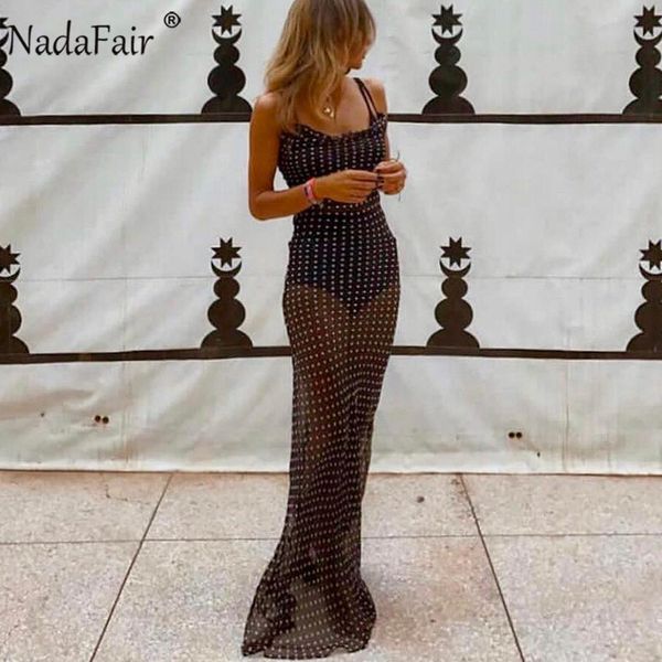 

nadafair black polka dot maxi dress women backless transparent spaghetti strap long sundress summer, Black;gray