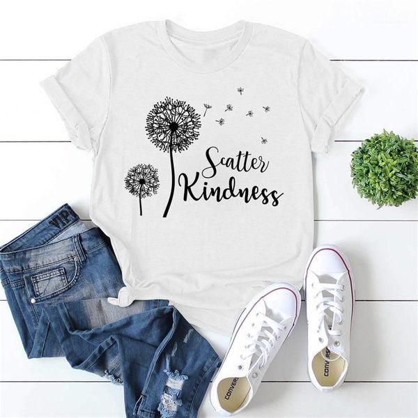 

dandelion tshirts floral printed short sleeve casual tees loose extended plus size womens tshirts summer designer womens, White