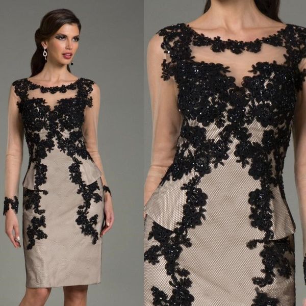 

champagne and black lace mother of bride dresses sheer lontg sleeves mother of groom suit 2019 short wedding guest evening party gowns, Black;red