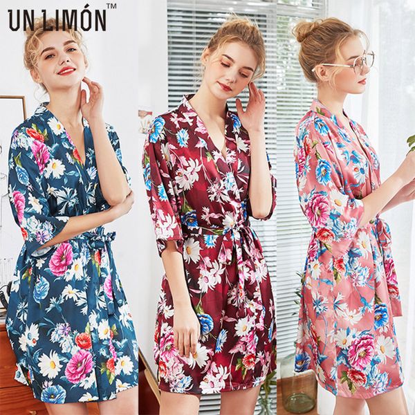 

unlimon new womens half sleeve slik sleepwear kimono robe, Black;red