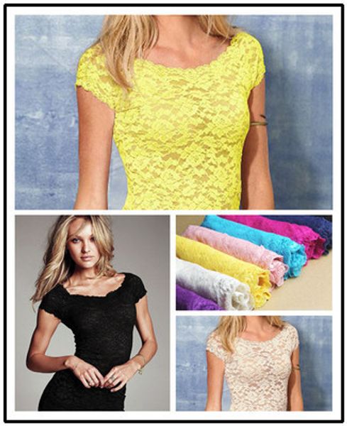 

sexy цветочные полный шнурок с коротким рукавом майка stretch scoopneck блузка top cute, White