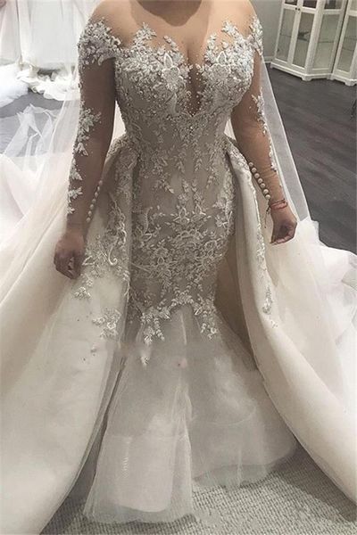 

generous mermaid 2019 wedding dresses with detachable train sheer neck long sleeves lace appliqued beads bridal gowns vestidos de novia, White