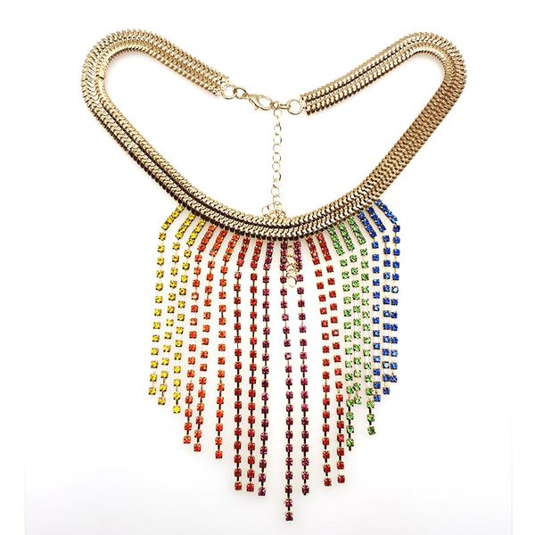 

d&d bohemian big rhinestone necklace choker crystal gem statement necklace tassel chocker pendants women jewelry, Golden;silver