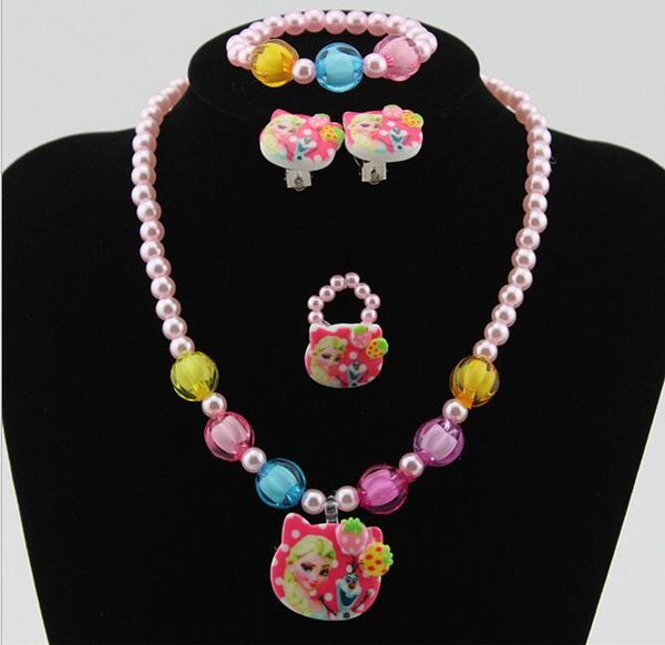 

1setgirls imitation pearl cartoon princess & snowman necklace/bracelet/ring/earrings kids children acting /party/christmas gift, Silver