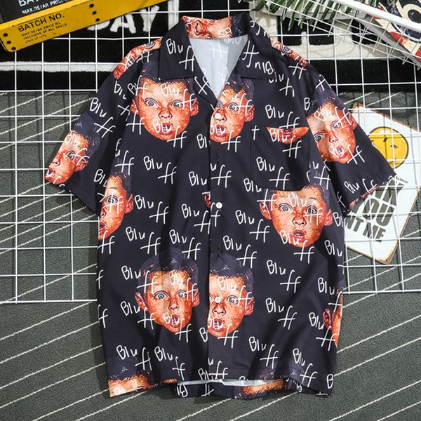 

s-2xl harajuku funny hip hop shirt fashion summer beach hawaiian male shirts casual turn-down collar printing blouse 3 color, White;black