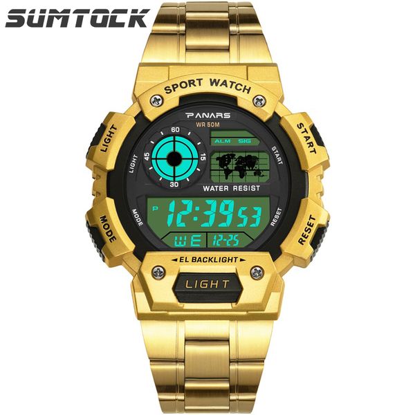 

panars gold watch stainless steel band led watch digital 5bar water resistant black cool men retro wristwatch, Slivery;brown