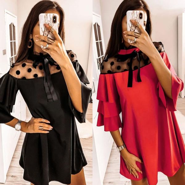 

women polka dots lace splicing dress ruffle sleeve hollow out dress party dresses, Black;gray