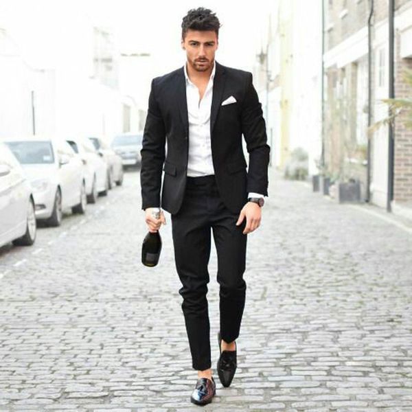 

classy business blazer men suits wedding groom tuxedo two piece formal costume homme black notched lapel terno masculino trajes de hombre, Black;gray