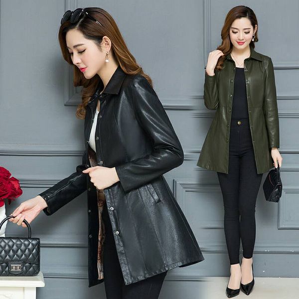 

2019 new spring and autumn woman coat female ladies slim leather women long coats female outerwear size 5xl plus size, Black
