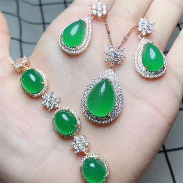 

yu xin yuan fine jewelry natural 925 silver inlaid chalcedony pendant ring earrings bracelet jewelry four pieces sets women p