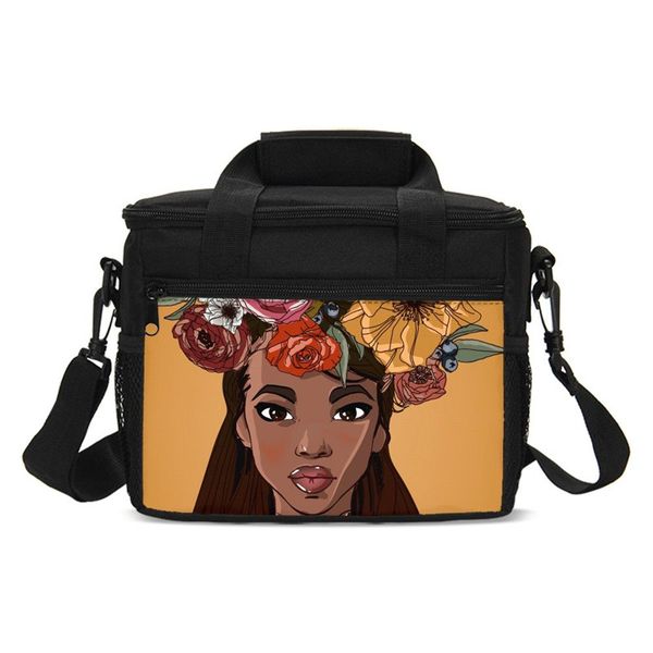 

small lunch bag fashion floral black art african girl 3d printing ice bag insulated thermal picnic lunchbox handbags sac a main, Blue;pink