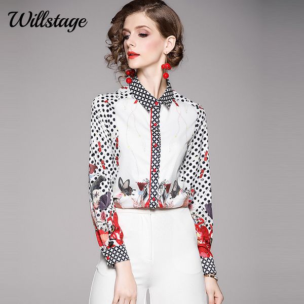 

willstage women blouses vintage dots print shirts single-breasted long sleeve casual chiffon blouse female work office shirts, White