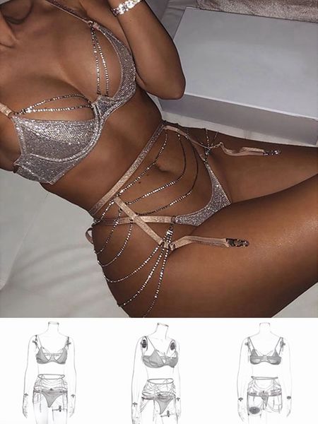 

сексуальное бикини нижнее белье мода кружева горячая бурение костюм-тройка женщин серебряный бюстгальтер блестящий горный хрусталь подвязки, Red;black